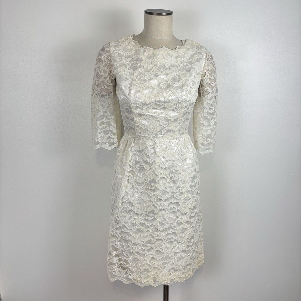 VTG 60s Ivory Lace Cocktail Wedding Bridal Dress 3/4 Sleeve Talon Zip Scalloped